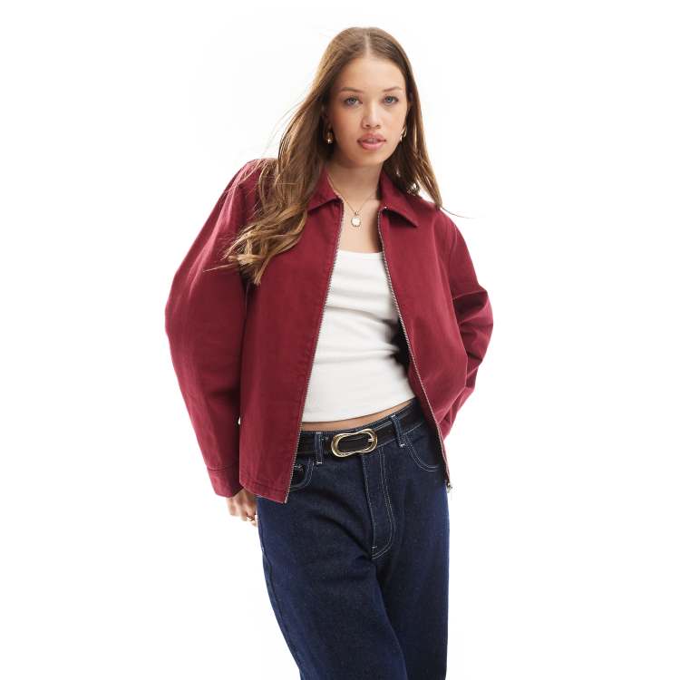 ASOS DESIGN Harrington Jeansjacke in Burgunderrot