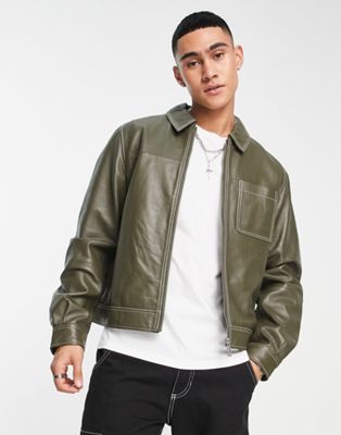 ASOS DESIGN harrington leather jacket in green with contrast stitch  - ASOS Price Checker