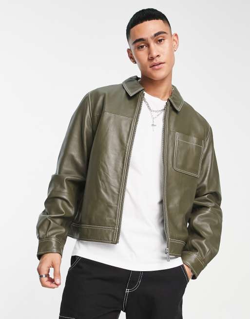 ASOS DESIGN harrington leather jacket in green with contrast stitch | ASOS