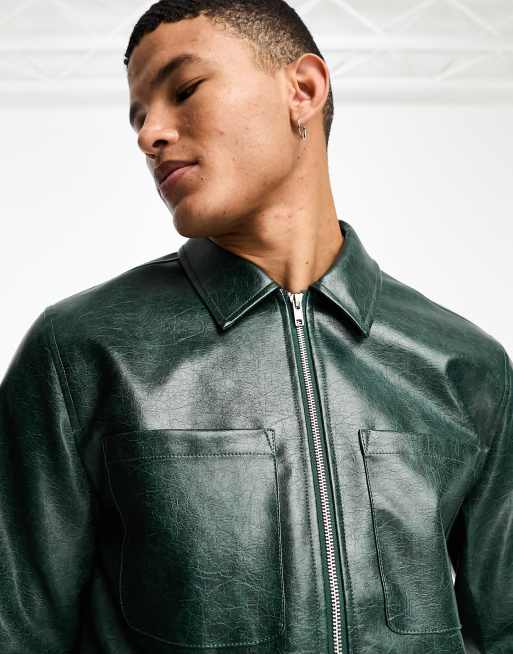 ASOS Real Leather Varsity Jacket in Green for Men