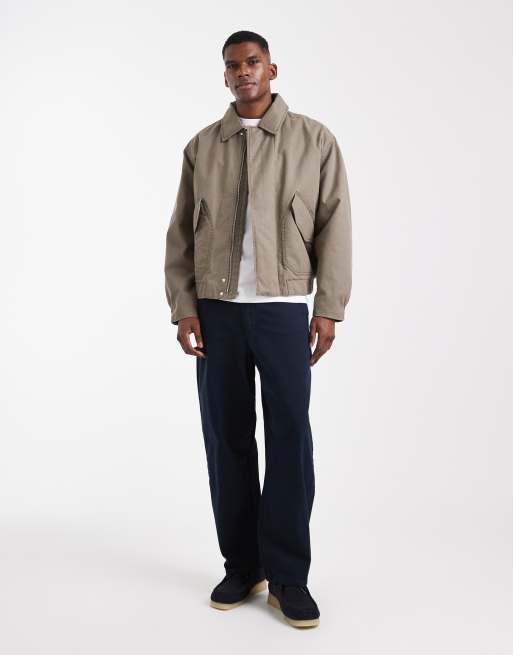 ASOS DESIGN harrington wax jacket in stone , 2 of 5