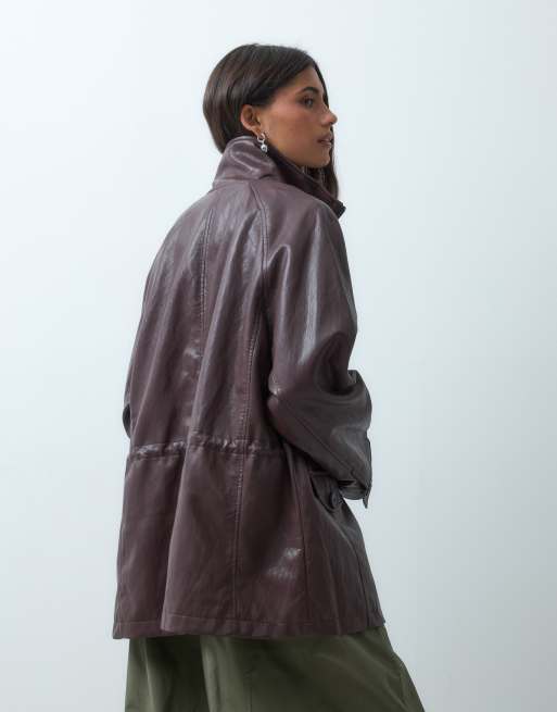 ASOS DESIGN harringtonjack met leerlook en getailleerde taille in mocha, 2 van 4