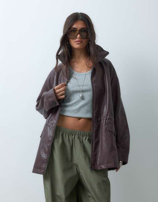 ASOS DESIGN harringtonjack met leerlook en getailleerde taille in mocha, 4 van 4