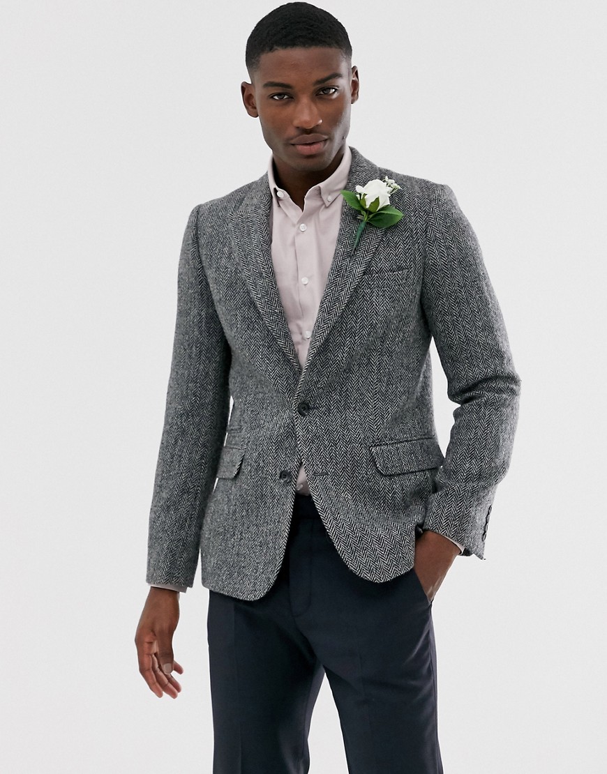 ASOS DESIGN Harris Tweed slim blazer with wool herringbone in grey