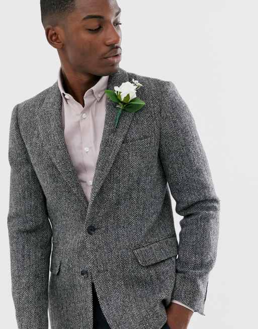 ASOS DESIGN Harris Tweed slim blazer with wool herringbone in grey