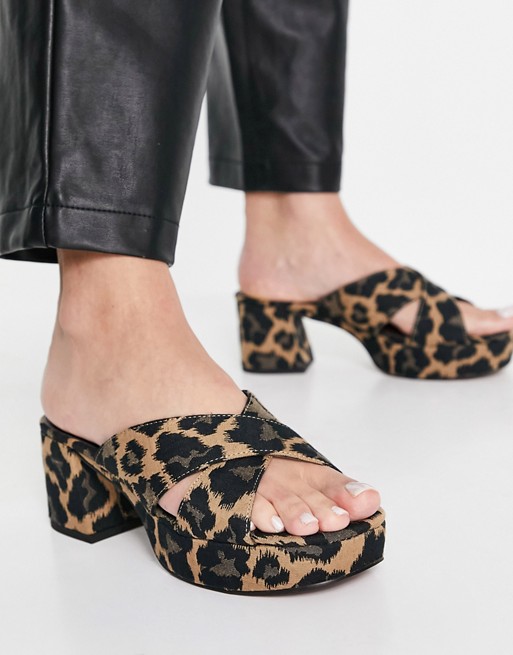 ASOS DESIGN Harrison cross strap mid heeled sandals in leopard