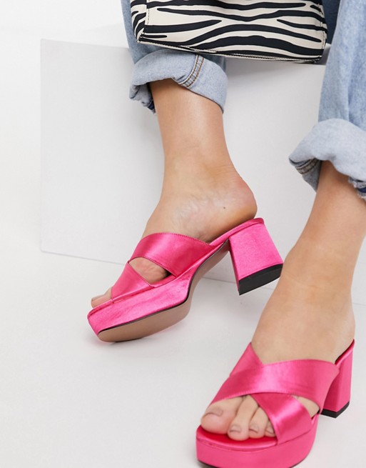 ASOS DESIGN Harrison cross strap mid heeled sandals in pink