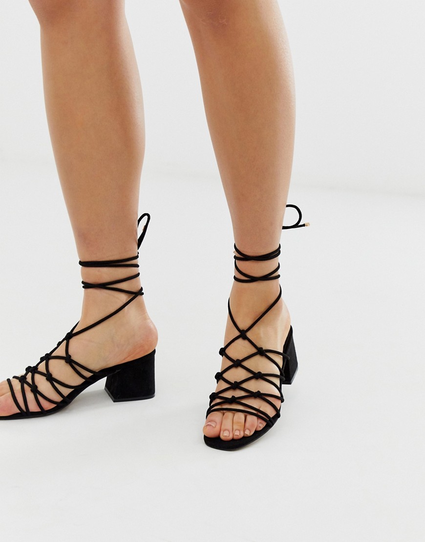 ASOS DESIGN Harvie knotted detail block heeled sandals in black