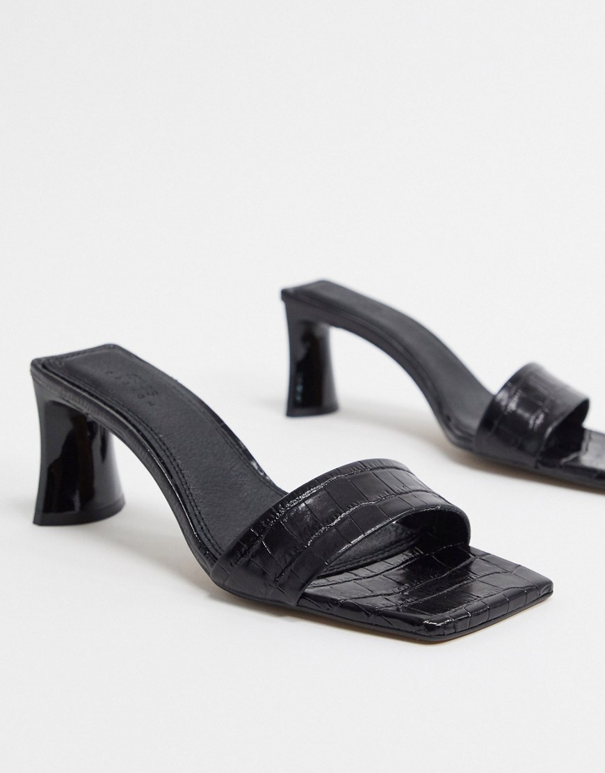 ASOS DESIGN Hasty premium leather mid-heeled mules in black croc