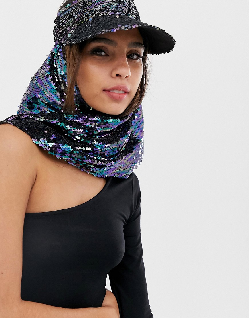 ASOS DESIGN – Hatt med paljetter och nackskydd i visor-stil-Flerfärgad