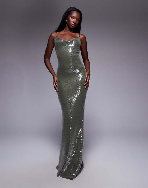 ASOS DESIGN – Hauchdünnes Pailletten-Maxikleid in Khaki mit Wasserfallausschnitt und Riemchen-Rückseite - view 1