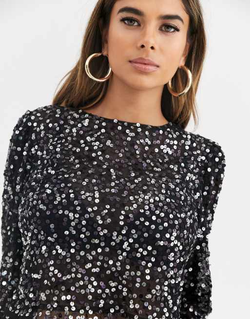 ASOS - Top manches longues à décolleté plongeant sexy et sequins