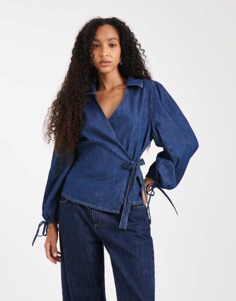 ASOS DESIGN - Haut cache-cœur en jean à manches ballon - Indigo - view 1