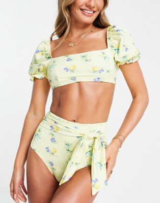 Maillots de bain et vêtements de plage Haut de bikini à manches bouffantes et imprimé citrons