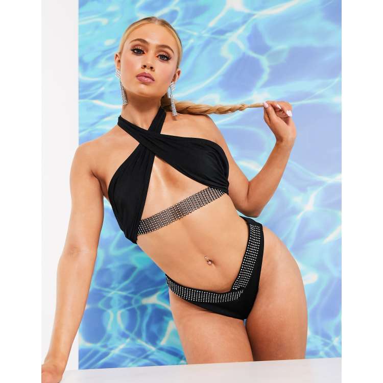 ASOS DESIGN Haut de bikini avec encolure crois e et bande strass Noir