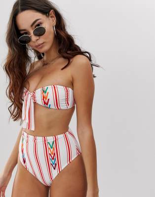 ASOS DESIGN - Haut de bikini bandeau recyclé à chevrons brodés et rayures rouges