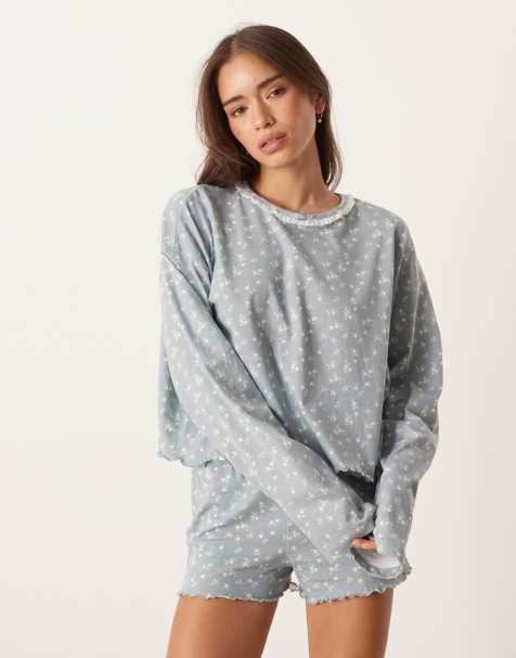 ASOS DESIGN - Haut de pyjama manches longues coupe carrée à assortir - Bleu fleuri - view 1