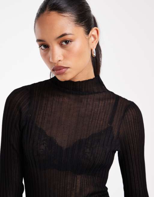 ASOS DESIGN haut en maille transparente plissée à manches longues et col cheminée noir, 4 de 4