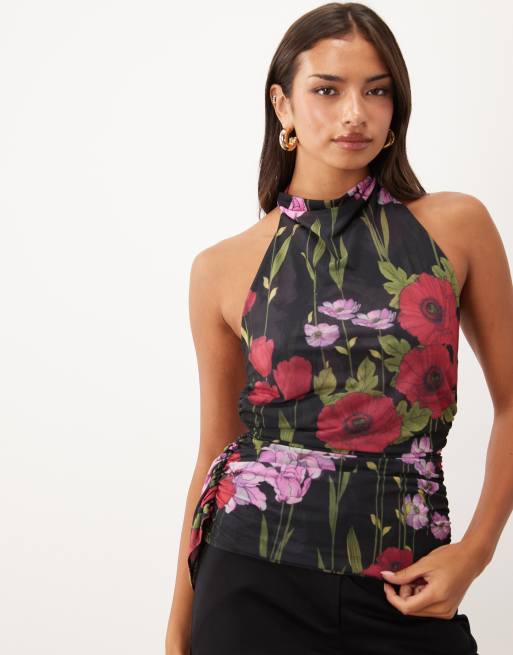 ASOS DESIGN haut en mousseline extensible imprimée à col halter drapé et dos nu noir à fleurs, 2 de 4
