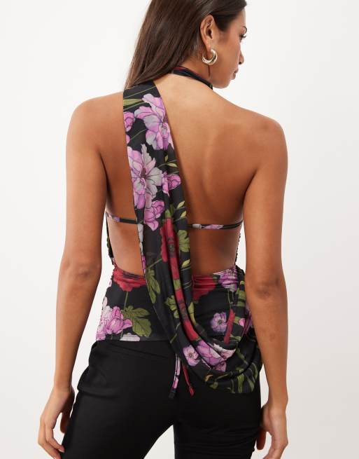 ASOS DESIGN haut en mousseline extensible imprimée à col halter drapé et dos nu noir à fleurs, 3 de 4