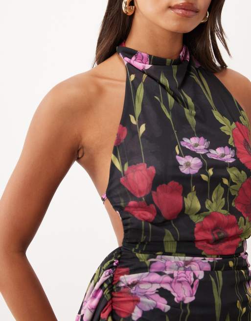 ASOS DESIGN haut en mousseline extensible imprimée à col halter drapé et dos nu noir à fleurs, 4 de 4