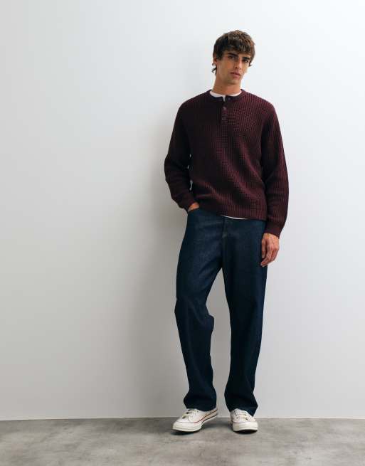 ASOS DESIGN haut relaxed texturé gaufré à col henley bordeaux, 2 de 5