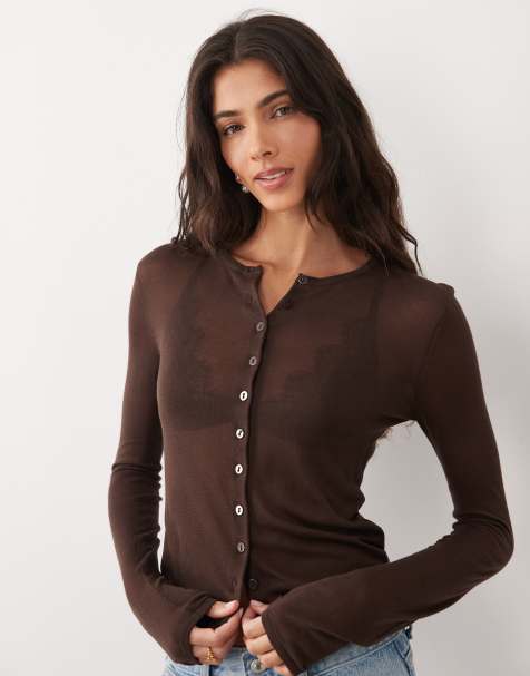 ASOS DESIGN – Hautenge, durchscheinende Strickjacke in Schokobraun - view 1