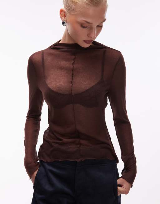 ASOS DESIGN – Hautenges, langärmliges Oberteil in schokobrauner Strickoptik mit Stehkragen