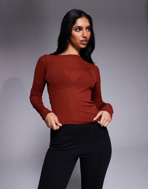 ASOS DESIGN – Hautenges, transparentes, langärmliges Oberteil in Rostrot mit asymmetrischem Saum - view 1