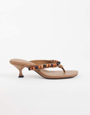 ASOS DESIGN Havana beaded kitten heel flip flops in beige