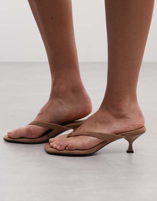 ASOS DESIGN Havana toe thong kitten heel sandals in taupe suedette, 2 of 4
