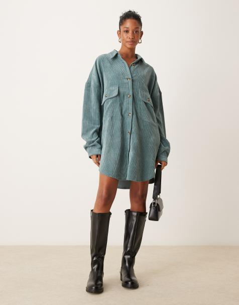 ASOS DESIGN - Havblå oversized skjortekjole med sænkede lommer i fløjl - view 1