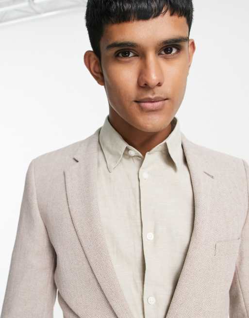 ASOS DESIGN – Havrefärgad, fiskbensmönstrad kavaj i extra skinny passform av ylletyg, 2 av 4