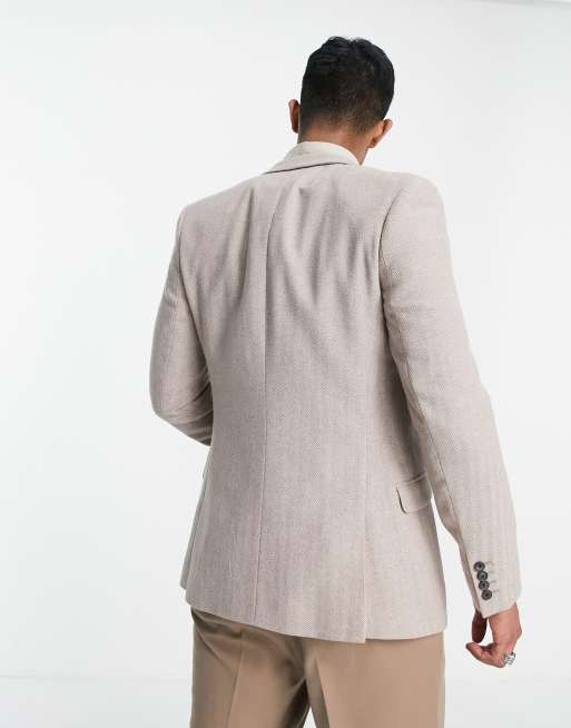 ASOS DESIGN – Havrefärgad, fiskbensmönstrad kavaj i extra skinny passform av ylletyg, 3 av 4