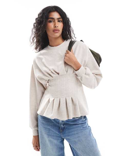 ASOS DESIGN – Havrefärgad, melerad sweatshirt med veck vid midjan - view 1