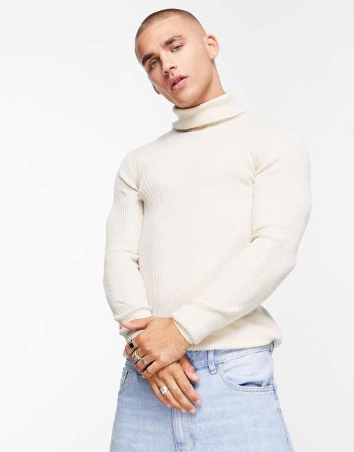 ASOS DESIGN – Havrefärgad ribbad tröja lätt material med polokrage