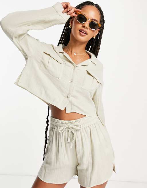 ASOS DESIGN – Havrefärgade strandshorts med ficka av dubbel bomullsväv, del av set