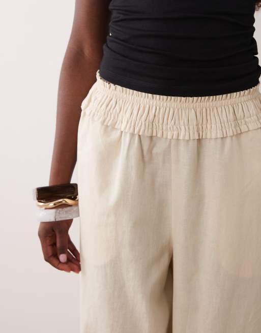 ASOS DESIGN - Havrefarvede pull-on-bukser i hørblanding med rynket talje, 3 af 5
