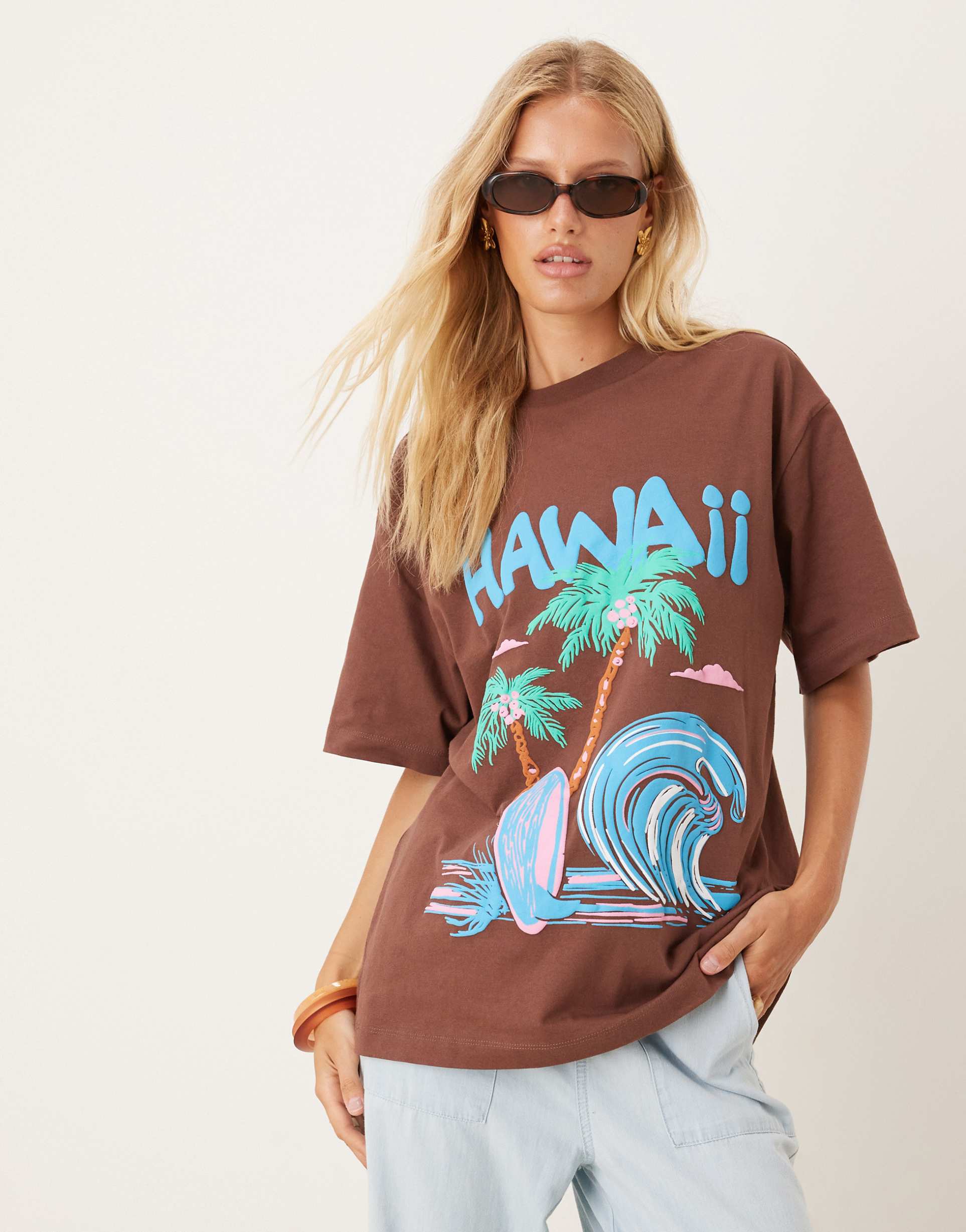 asos design hawaii graphic oversize t-shirt in brown