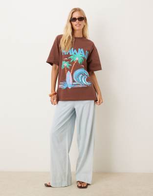 Asos Design Hawaii Graphic Oversize T-shirt In Brown