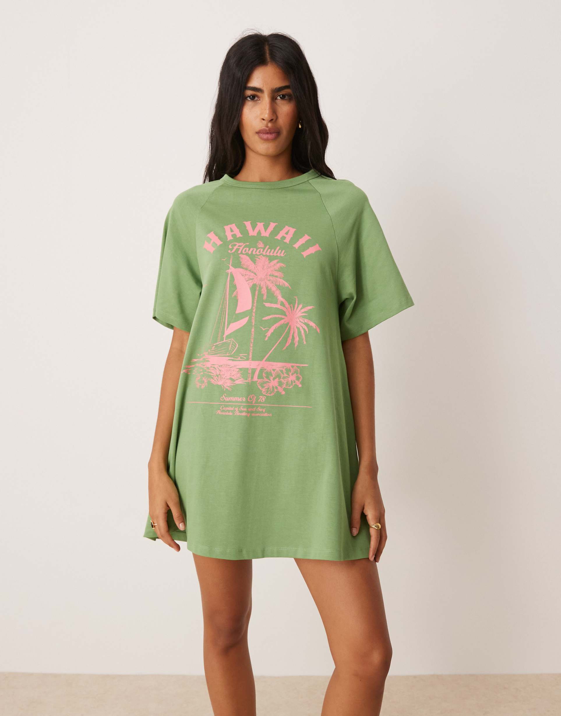 asos design hawaii graphic oversized t-shirt mini dress in green