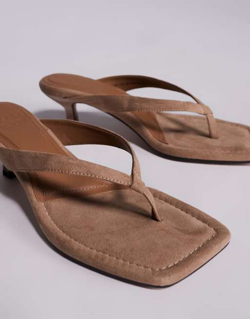 ASOS DESIGN Hawaii toe thong kitten heeled sandals in taupe suedette