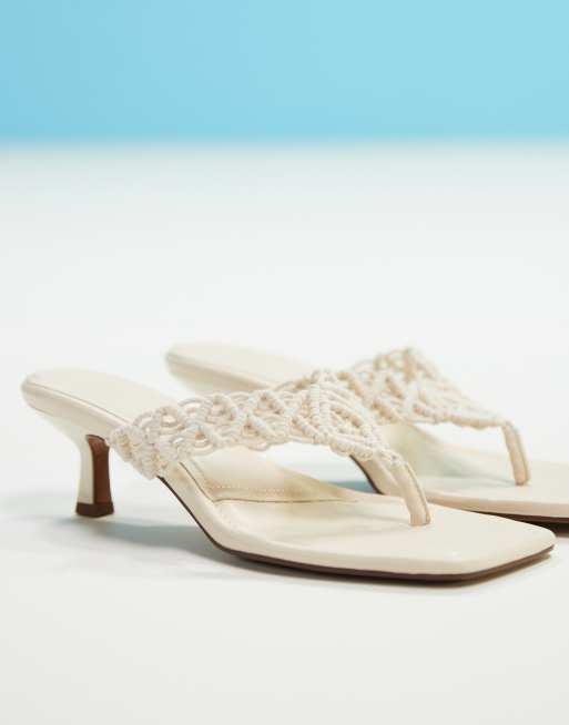 ASOS DESIGN Hawaii weave toe thong kitten heel sandals in off-white