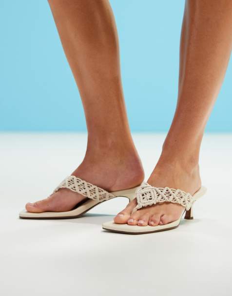 ASOS DESIGN Hawaii weave toe thong kitten heeled sandals in off-white - view 1