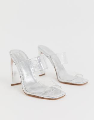 clear mule block heel