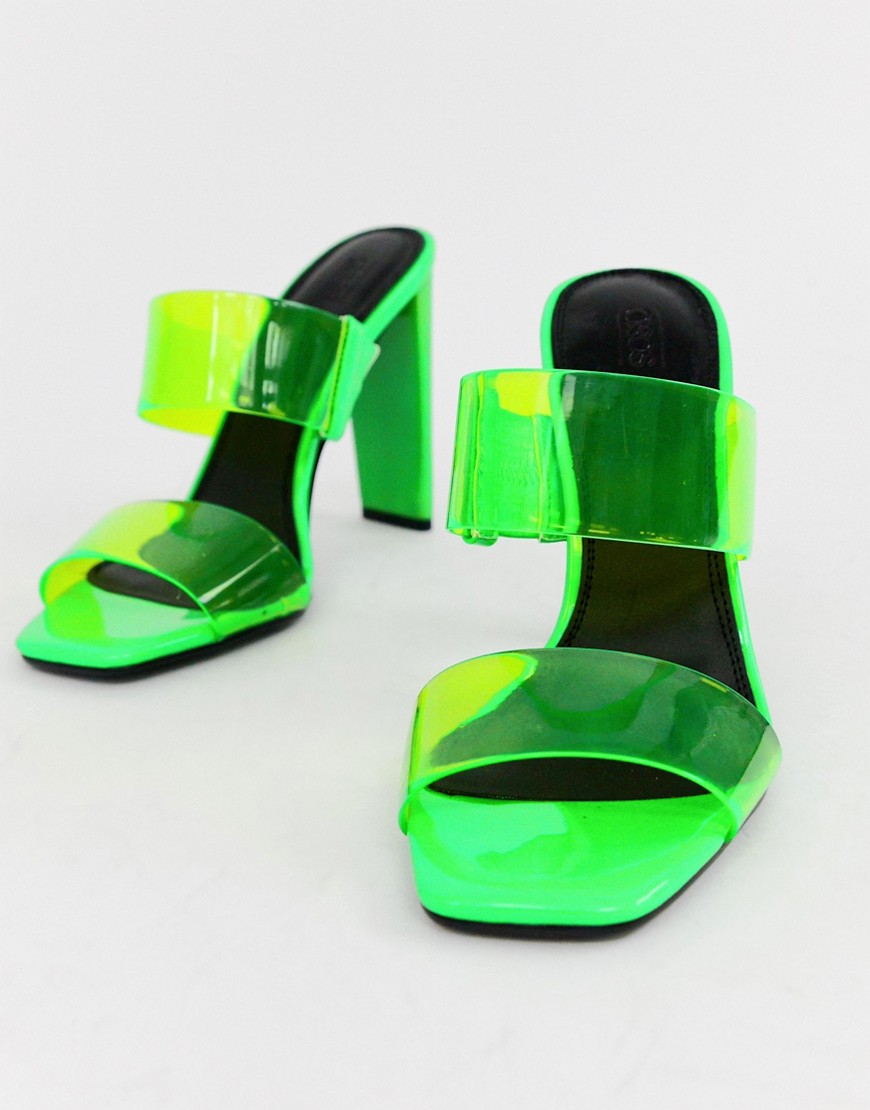asos design -  – Hayward – Transparente Pantoletten in Neongrün mit Blockabsatz