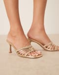 [ASOS DESIGN] ASOS DESIGN Hazel plaited cage mid heeled mules in gold 36 GOLD