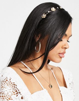 ASOS DESIGN headband flower and diamante design in gold tone