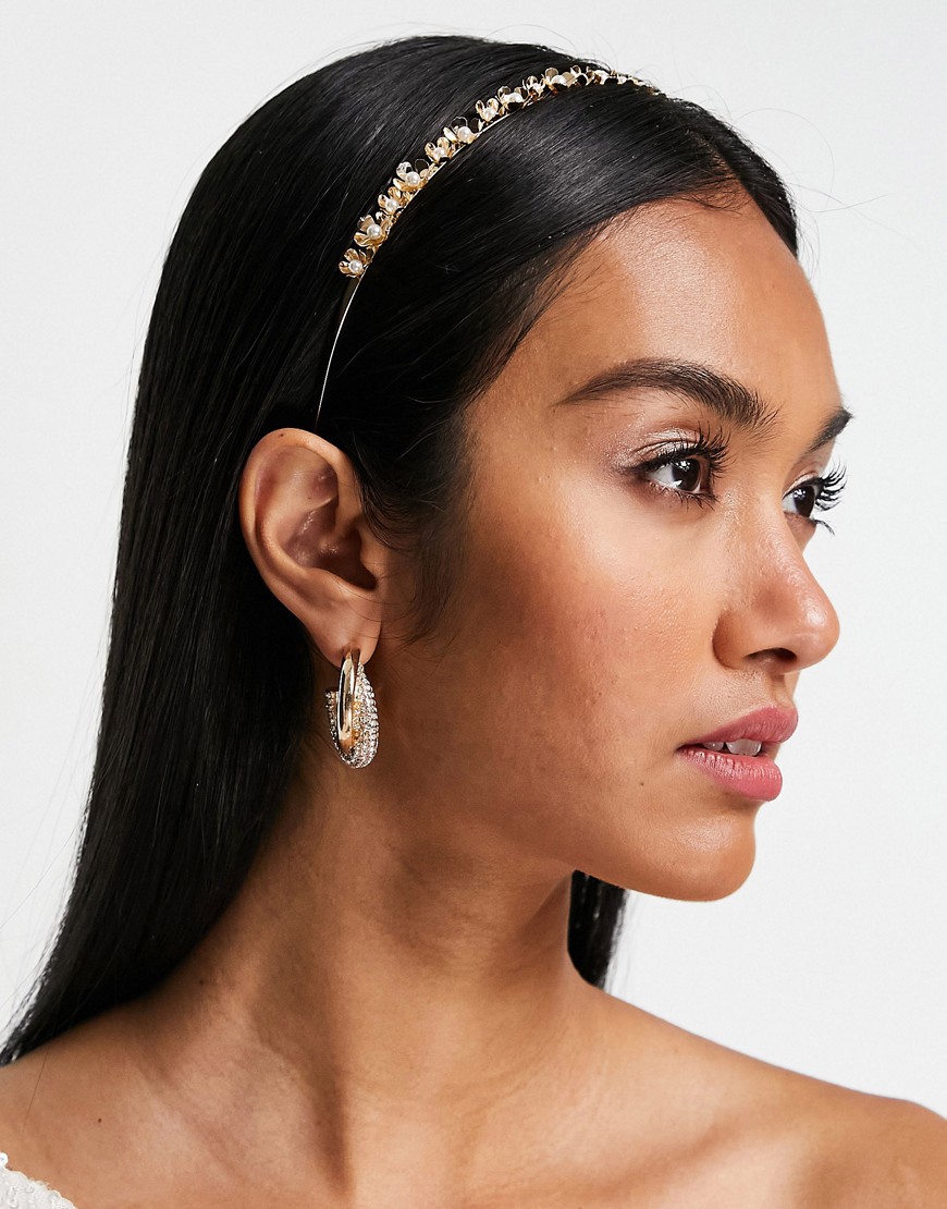 ASOS DESIGN headband in flower and pearl design in gold tone