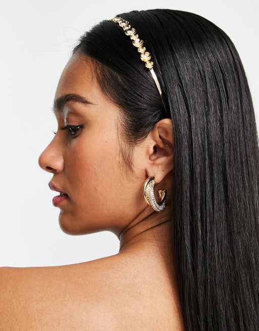 ASOS DESIGN headband in flower and pearl design in gold tone, 4 of 4
